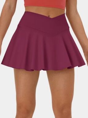 Halara Cloudful Air Comfy High Waisted Crossover Pocket Flare tennis skirt wine
